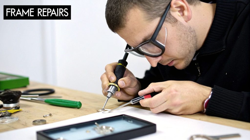 A man in glasses carefully repairing small eye glass frame parts with specialized tools.