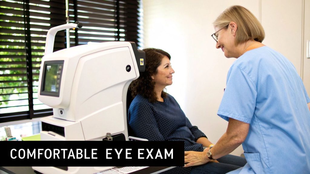 Dos mujeres, una paciente y otra optometrista, sonriendo durante un cómodo examen ocular.
