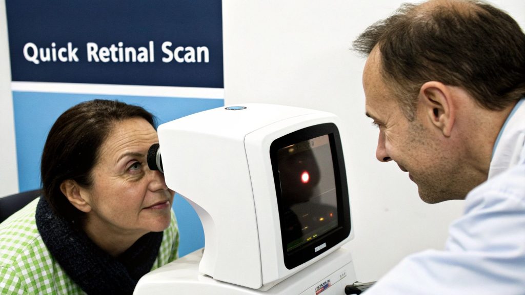 Primer plano de una mujer que recibe una exploración rápida de la retina, con la asistencia de un profesional sanitario.