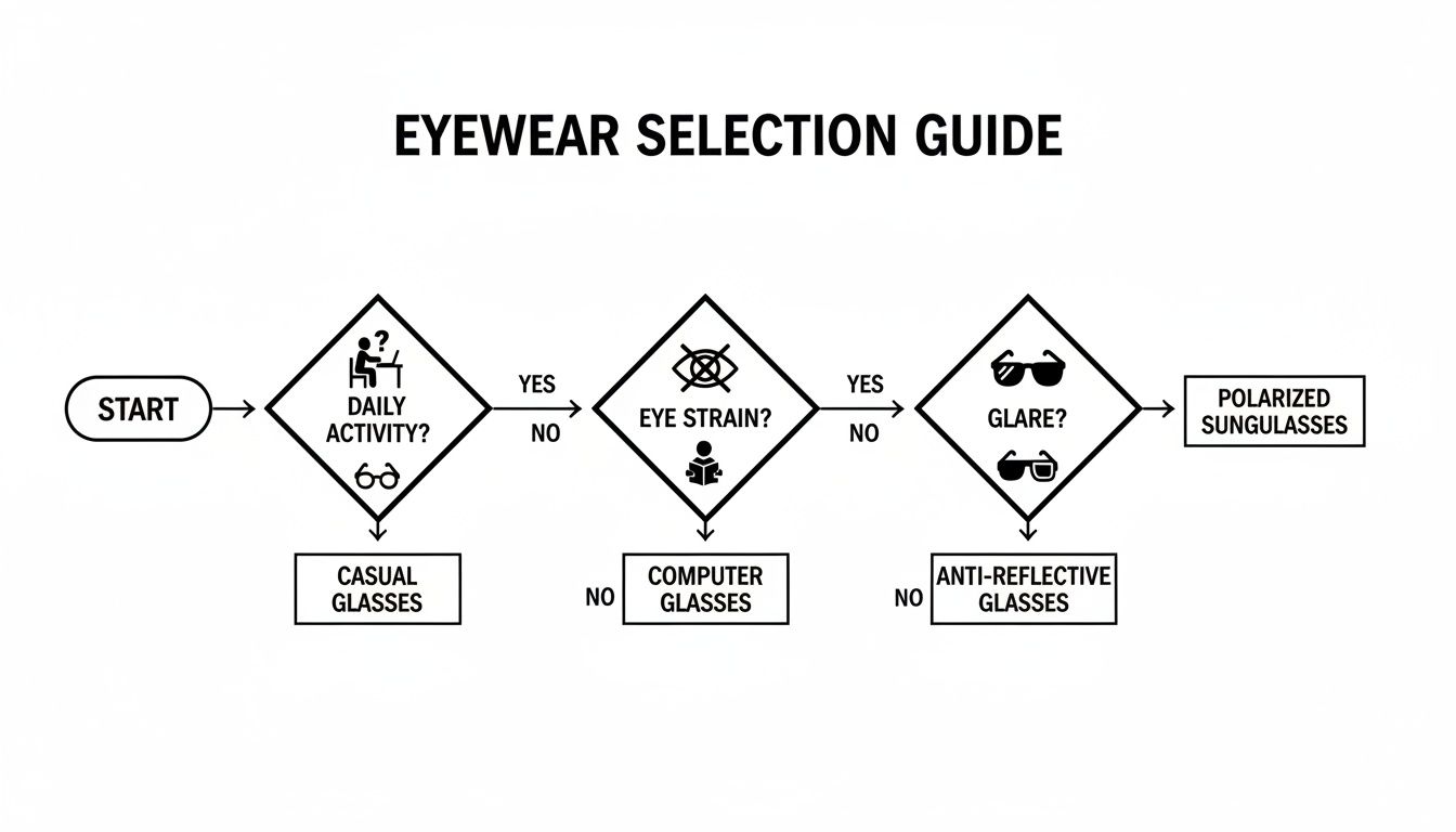 Un diagrama de flujo titulado 'Guía de selección de gafas' que recomienda gafas en función de la actividad diaria, la fatiga visual y el resplandor.