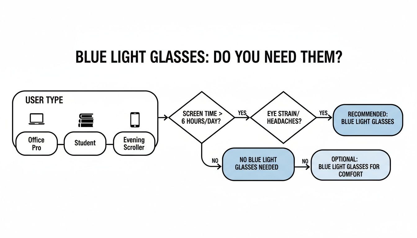 A flowchart determining if blue light glasses are needed based on user type, screen time, and eye strain.