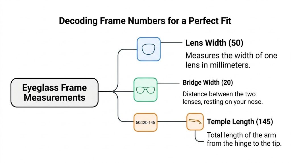 A diagram explaining eyeglass frame measurements including lens width, bridge width, and temple length for glasses.