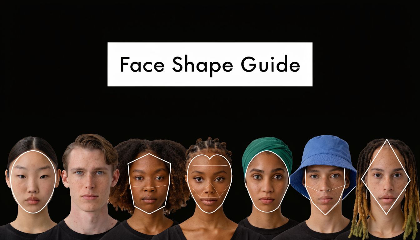 A face shape guide showing different individuals with geometric overlays illustrating various face shapes against black background.