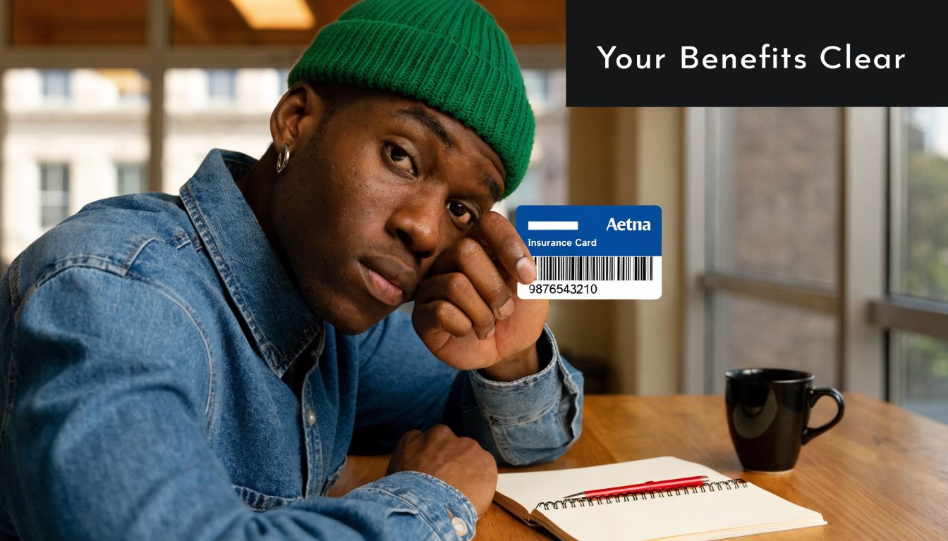 A young man wearing a green beanie holds up an Aetna health insurance card while sitting at a table.