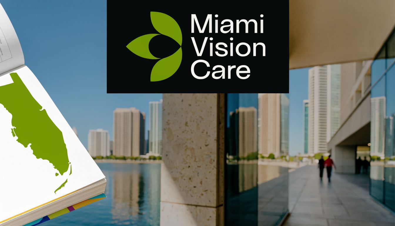 The Miami Vision Care logo placed over an image of a Florida state map and urban buildings.