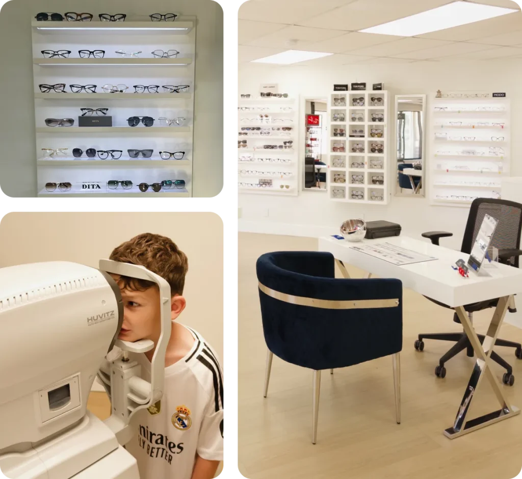 Eyewear display shelves, paediatric eye exam and optometry consultation room