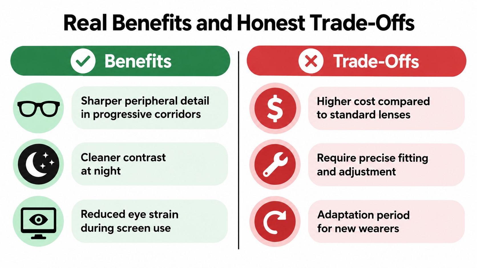 A comparison chart showing the benefits and trade-offs of using high definition eyeglass lenses for better vision.