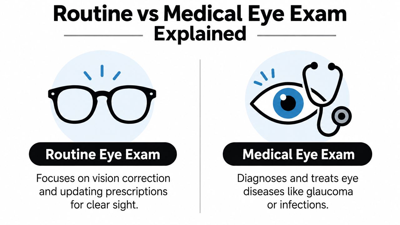 A comparison chart showing the differences between a routine eye exam for vision and a medical eye exam.
