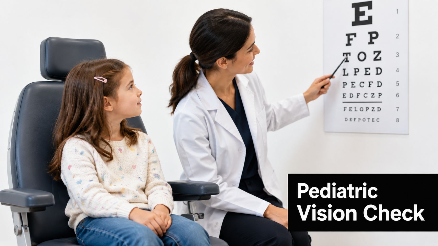 An optometrist pointing to an eye chart while conducting a pediatric vision exam for a young girl.