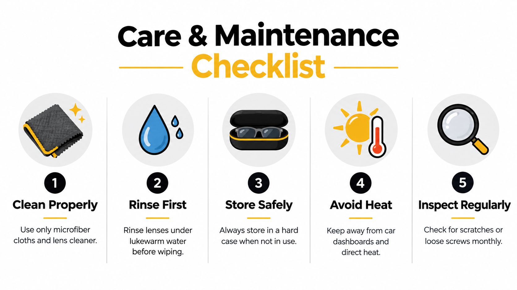 An infographic titled Care and Maintenance Checklist illustrating five essential steps for looking after eyewear.