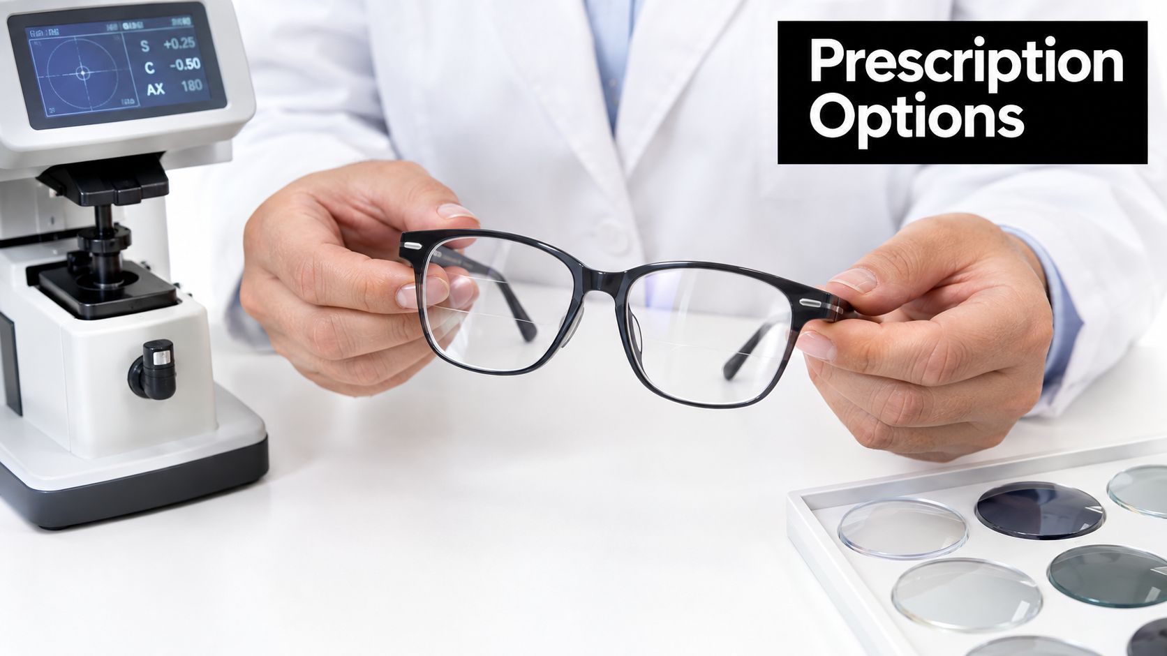 An optometrist holds bifocal eyeglasses with visible lens lines while standing next to a lensmeter device.