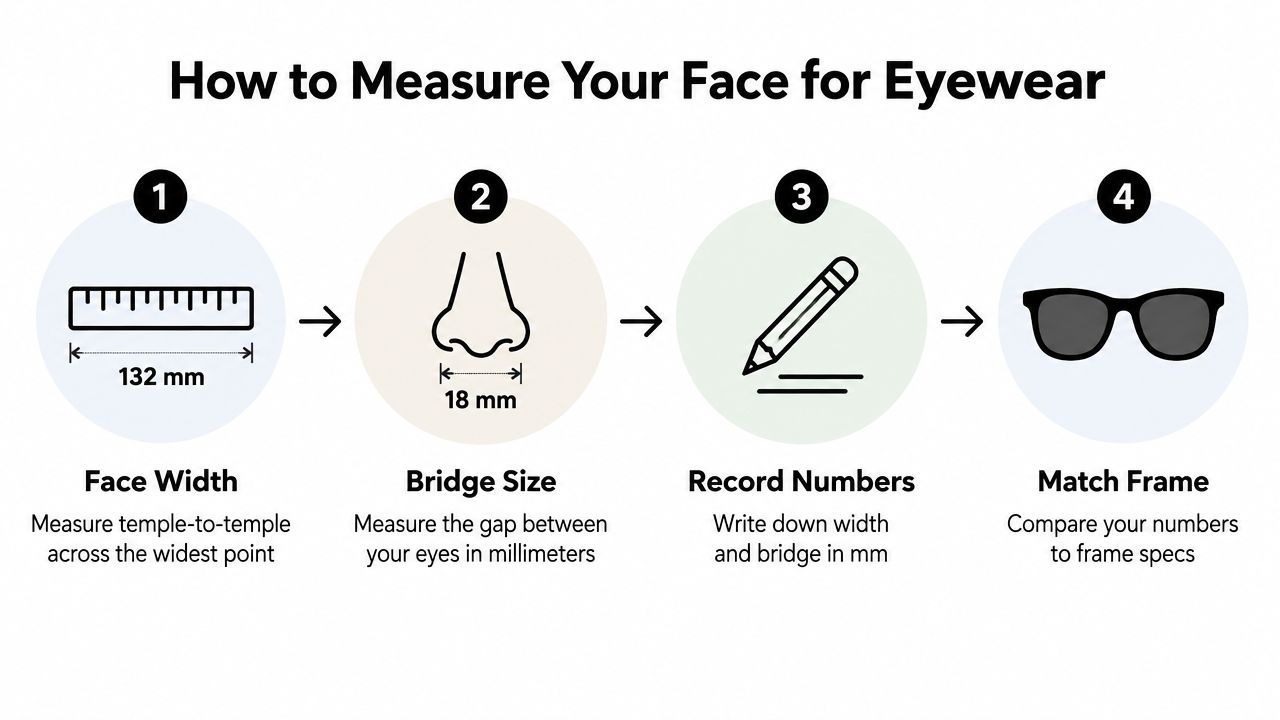 A four-step infographic explaining how to measure your face width and bridge size for choosing eyewear.