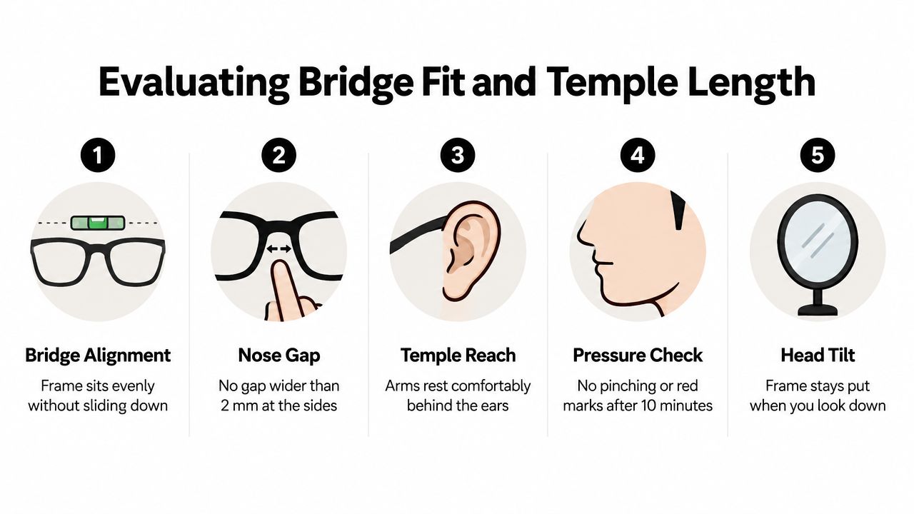 A five-step guide on how to evaluate bridge fit and temple length for comfortable eyeglasses.