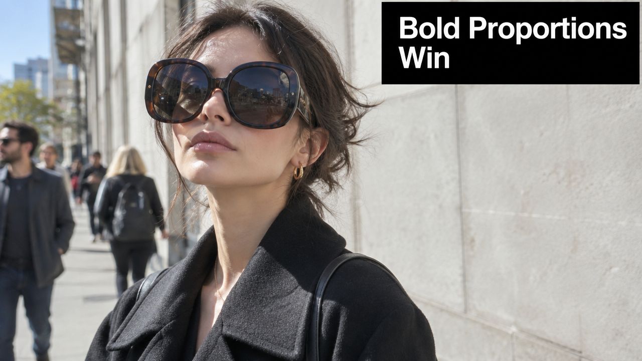 A woman wearing oversized tortoiseshell sunglasses walks on a sunny city street in a black coat.
